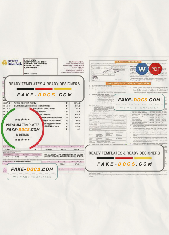 India Indian bank credit card statement, Word and PDF template, 2 pages India Indian bank credit card statement, Word and PDF template, 2 pages