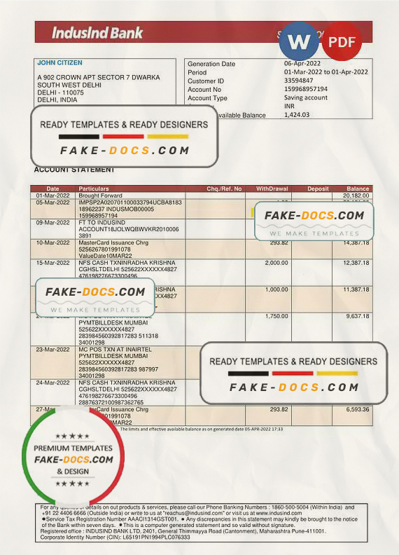 India IndusInd bank statement, Word and PDF template India IndusInd bank statement, Word and PDF template
