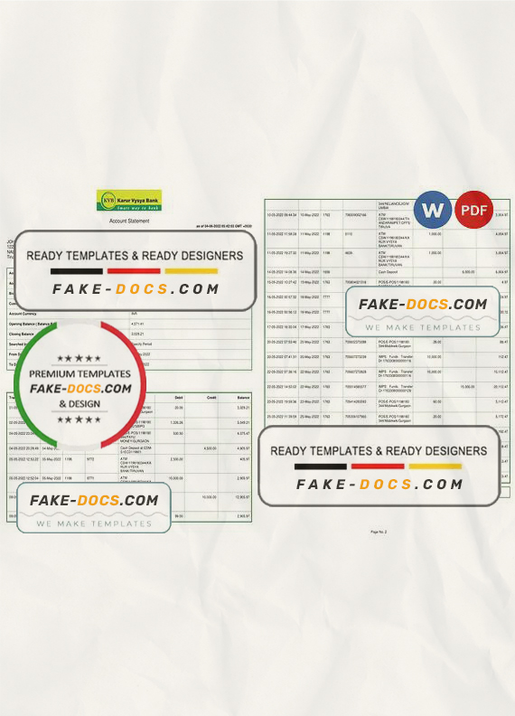 India KVB bank statement, Word and PDF template, 2 pages India KVB bank statement, Word and PDF template, 2 pages