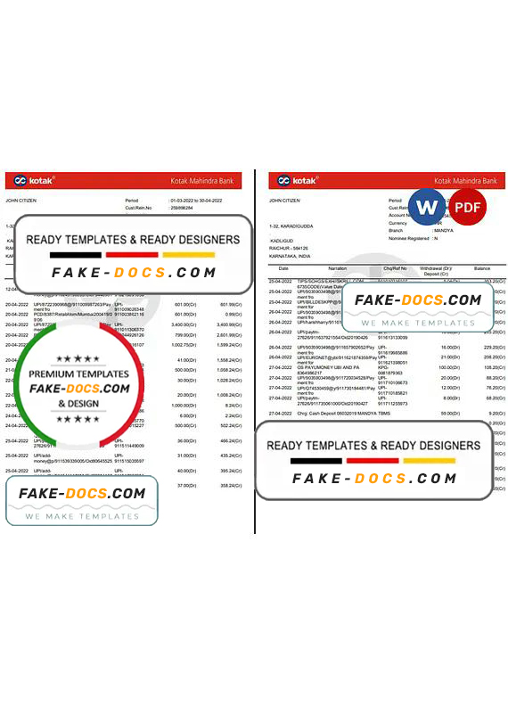 India Kotak Mahindra bank statement Word and PDF template, 7 pages India Kotak Mahindra bank statement Word and PDF template, 7 pages