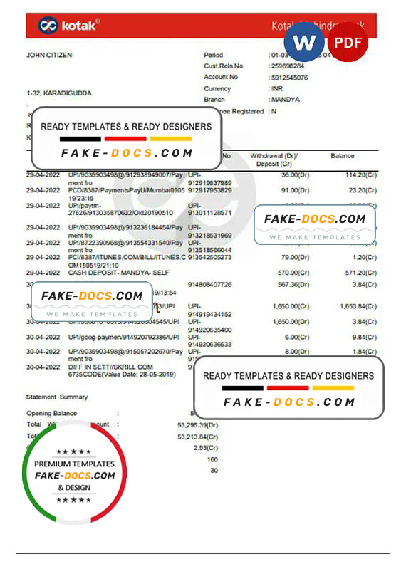 India Kotak Mahindra bank statement Word and PDF template, 7 pages India Kotak Mahindra bank statement Word and PDF template, 7 pages