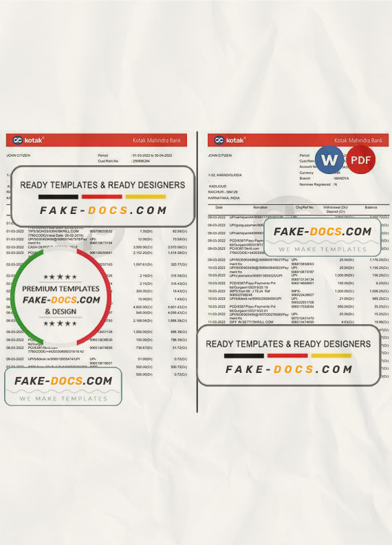 India Kotak Mahindra bank statement Word and PDF template, 7 pages India Kotak Mahindra bank statement Word and PDF template, 7 pages