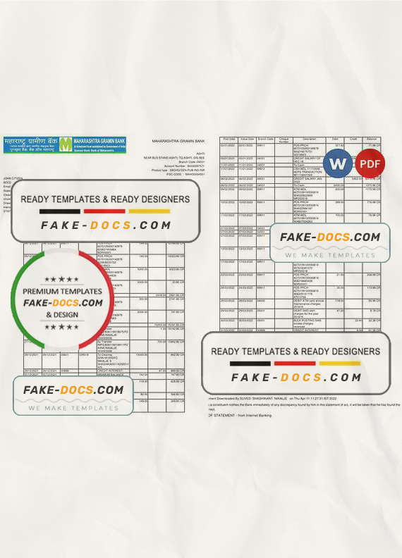 India Maharashtra bank statement, Word and PDF template, 2 pages India Maharashtra bank statement, Word and PDF template, 2 pages