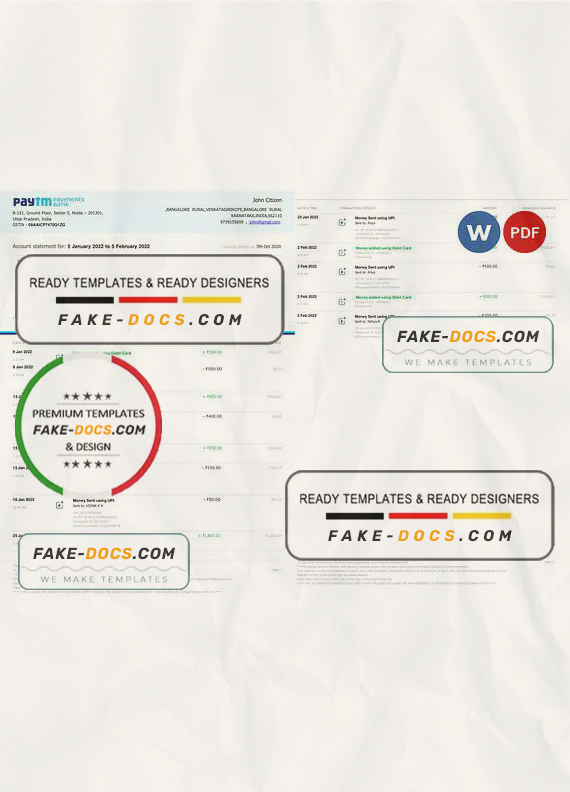 India Paytm Payments bank statement Word and PDF template, 2 pages India Paytm Payments bank statement Word and PDF template, 2 pages