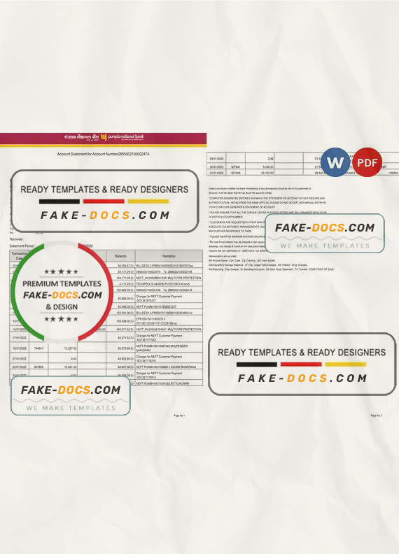 India Punjab National Bank statement Word and PDF template, 2 pages, version 2 India Punjab National Bank statement Word and PDF template, 2 pages, version 2