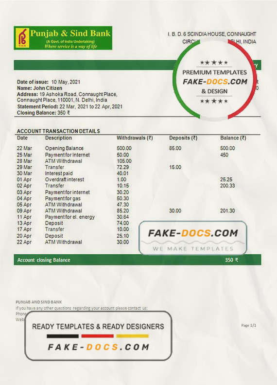 India Punjab National Bank statement Word and PDF template, 2 pages India Punjab National Bank statement Word and PDF template, 2 pages