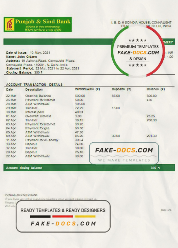 India Punjab and Sind Bank statement template in Word and PDF format India Punjab and Sind Bank statement template in Word and PDF format