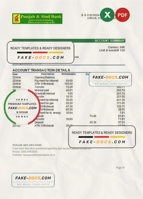India Punjab and Sind bank statement Excel and PDF template India Punjab and Sind bank statement Excel and PDF template