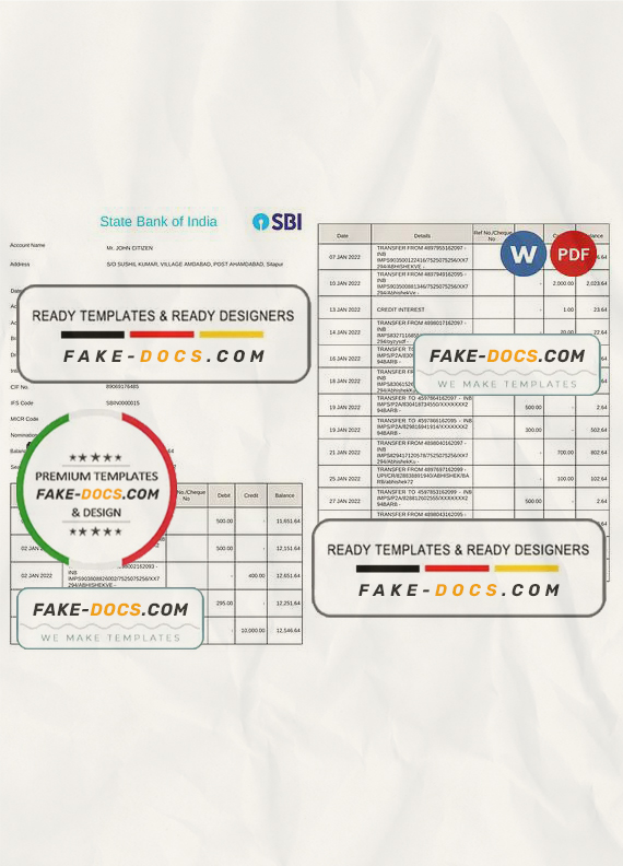 India State Bank of India (SBI) bank statement Word and PDF template, 2 pages India State Bank of India (SBI) bank statement Word and PDF template, 2 pages