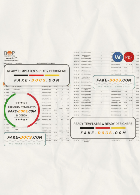 India The Bank of Punjab (BOP) account statement Word and PDF template, 3 pages India The Bank of Punjab (BOP) account statement Word and PDF template, 3 pages