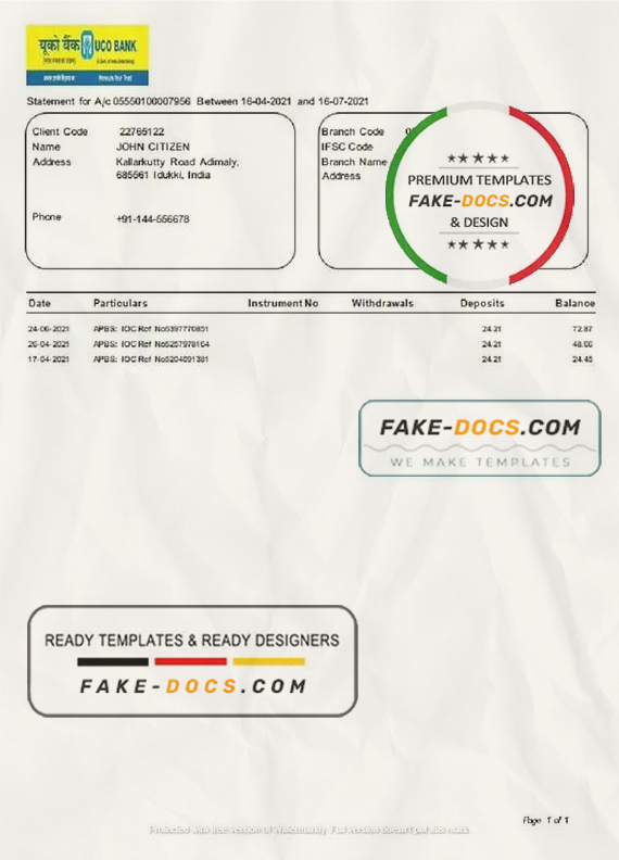 India UCO bank statement template in Word and PDF format India UCO bank statement template in Word and PDF format