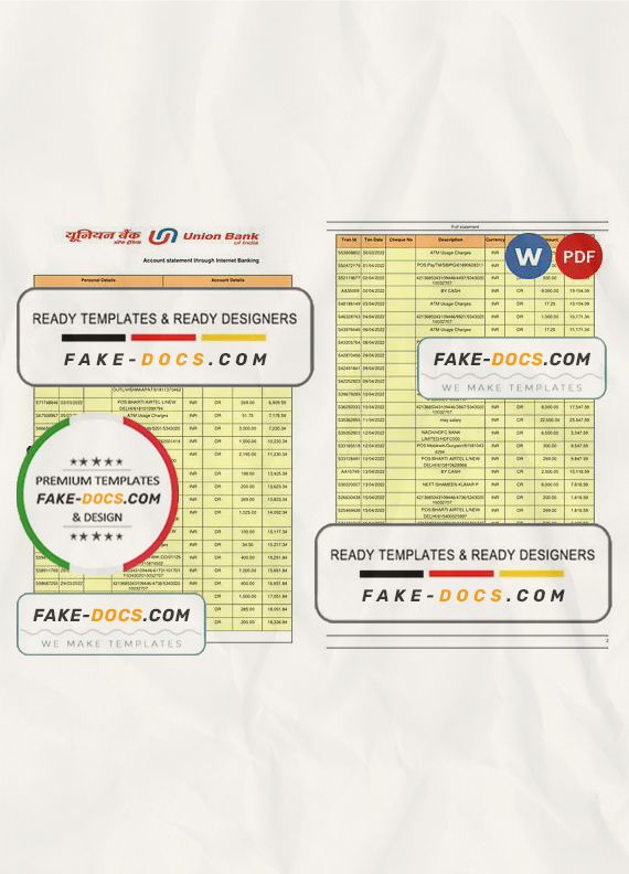India Union Bank of India bank statement Word and PDF template, 2 pages India Union Bank of India bank statement Word and PDF template, 2 pages