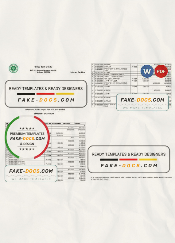 India United Bank of India bank statement, Word and PDF template, 2 pages India United Bank of India bank statement, Word and PDF template, 2 pages
