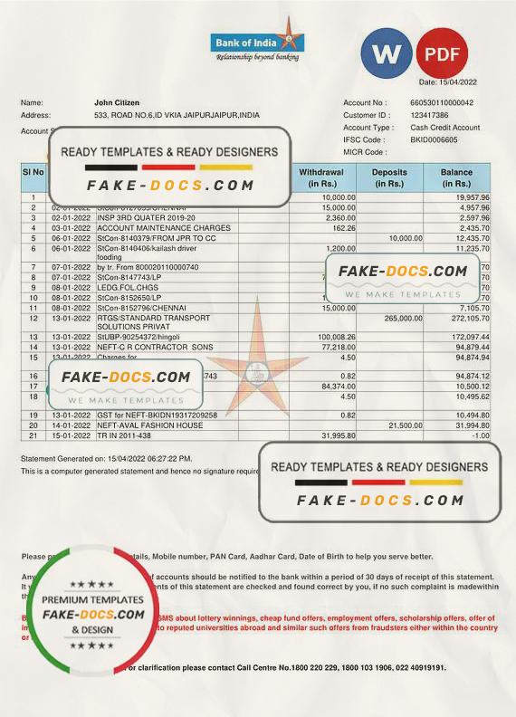 India Bank of India bank statement Word and PDF template India Bank of India bank statement Word and PDF template