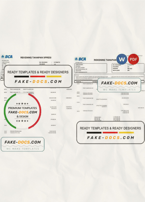 Indonesia BCA bank statement, Word and PDF template, 2 pages Indonesia BCA bank statement, Word and PDF template, 2 pages