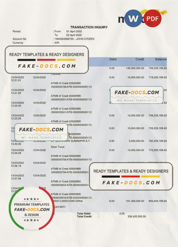 Indonesia Bank Mandiri bank statement Word and PDF template Indonesia Bank Mandiri bank statement Word and PDF template