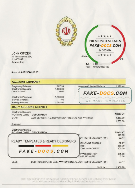 Iran Melli Bank statement template in Word and PDF format, good for address prove Iran Melli Bank statement template in Word and PDF format, good for address prove