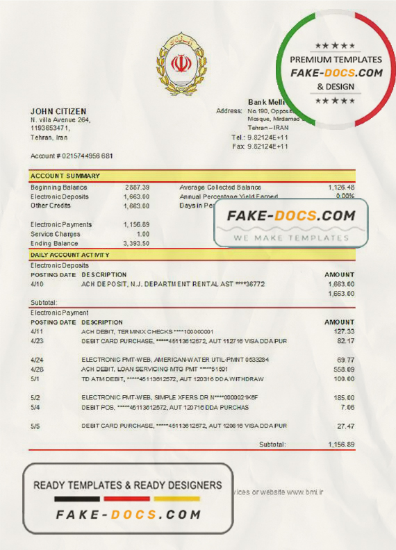 Iran Melli Bank statement template in .xls and .pdf file format Iran Melli Bank statement template in .xls and .pdf file format