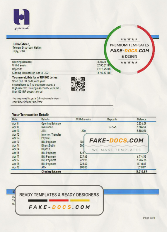 Iran Bank Sederet Iran proof of address bank statement template in Word and PDF format Iran Bank Sederet Iran proof of address bank statement template in Word and PDF format