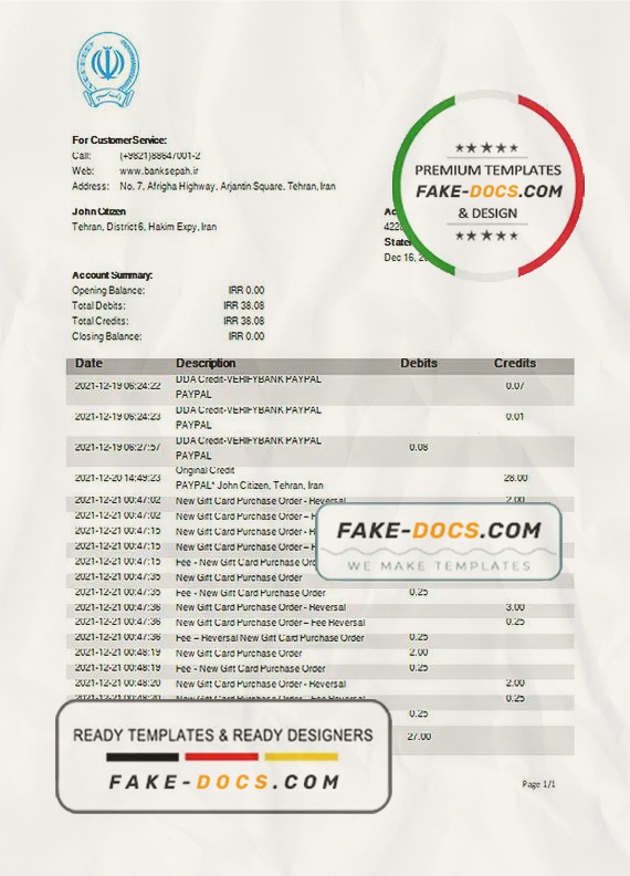 Iran Bank Sepah proof of address bank statement template in Word and PDF format Iran Bank Sepah proof of address bank statement template in Word and PDF format