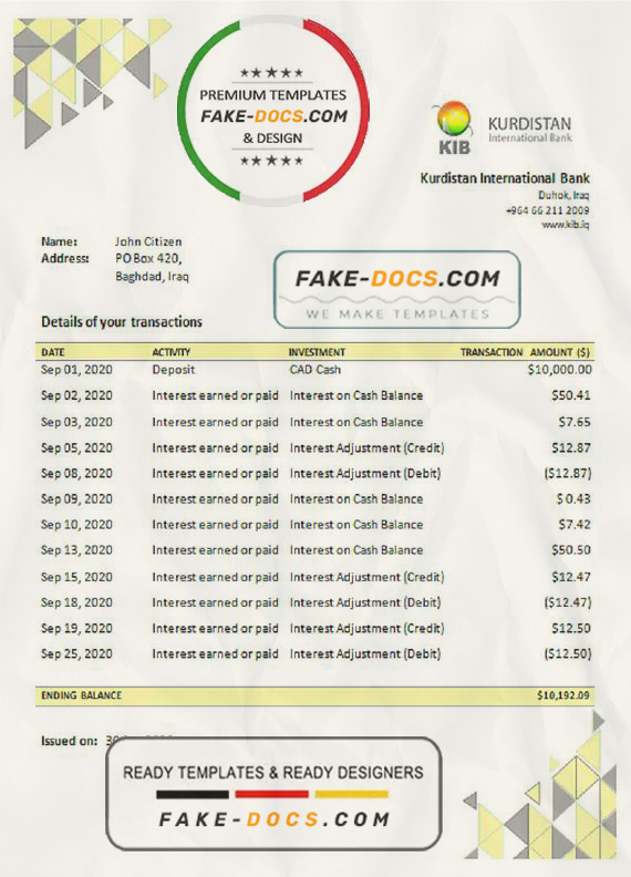 Iraq Kurdistan International Bank proof of address statement template in Excel and PDF format Iraq Kurdistan International Bank proof of address statement template in Excel and PDF format