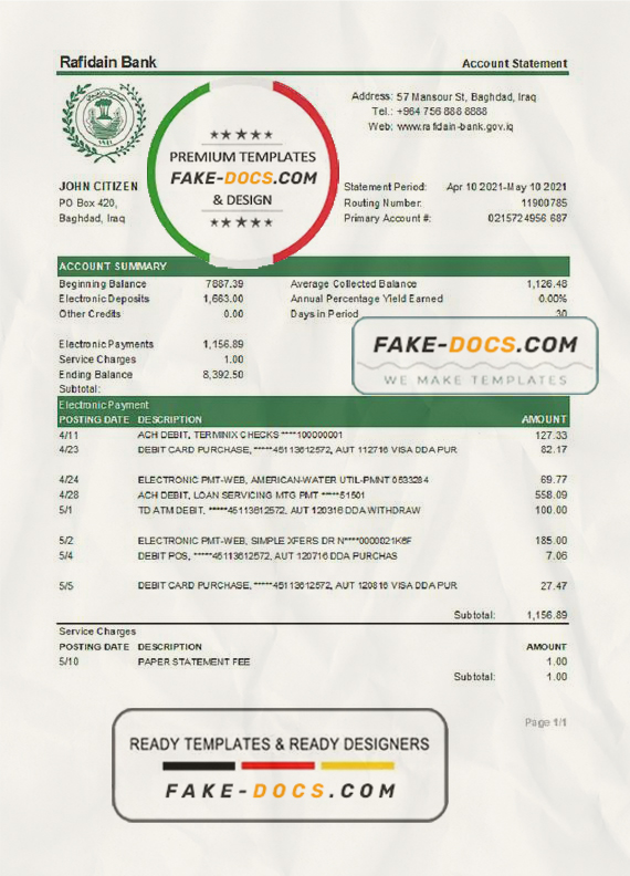 Iraq Rafidain Bank statement template in .xls and .pdf file format Iraq Rafidain Bank statement template in .xls and .pdf file format