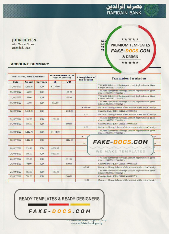 Iraq Rafidain proof of address bank statement in Word and PDF format Iraq Rafidain proof of address bank statement in Word and PDF format