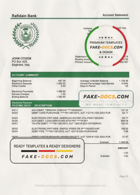 Iraq Rafidain bank statement easy to fill template in Word and PDF format Iraq Rafidain bank statement easy to fill template in Word and PDF format