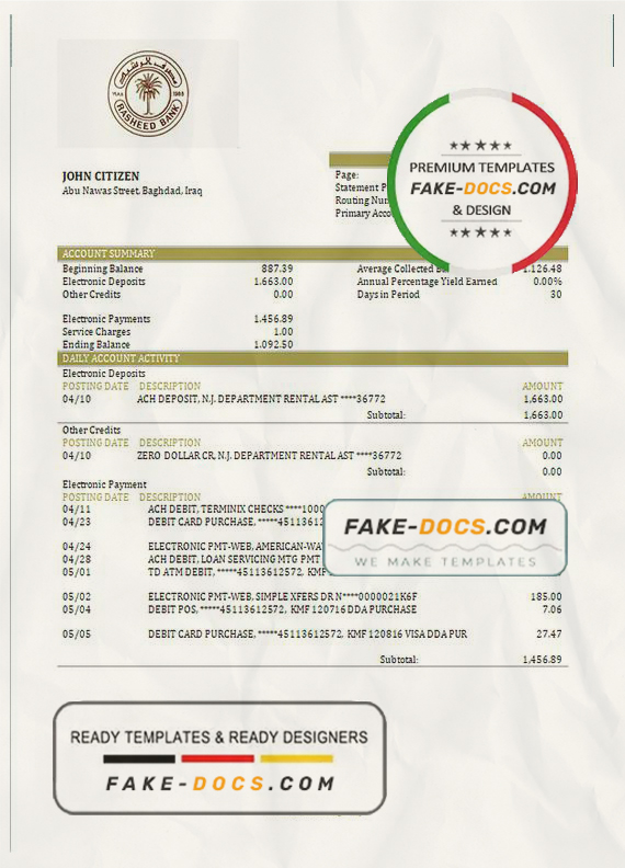 Iraq Rasheed proof of address bank statement in Word and PDF format Iraq Rasheed proof of address bank statement in Word and PDF format