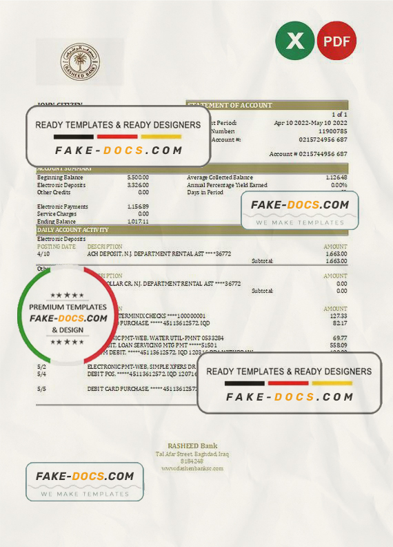 Iraq Rasheed bank statement Excel and PDF template Iraq Rasheed bank statement Excel and PDF template
