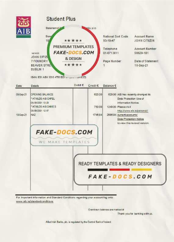 Ireland AIB bank statement easy to fill template in Excel and PDF format Ireland AIB bank statement easy to fill template in Excel and PDF format