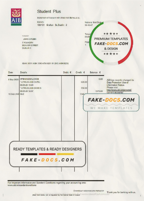 Ireland AIB bank statement template in Word and PDF format Ireland AIB bank statement template in Word and PDF format