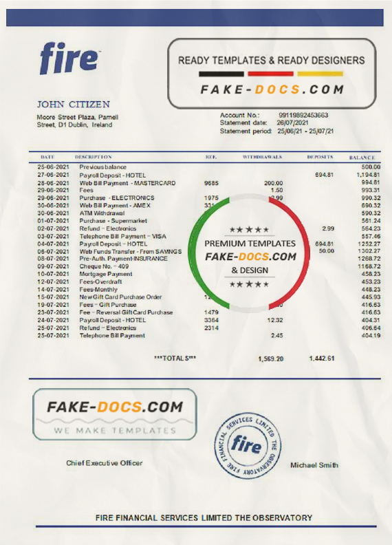 Ireland Fire Financial Services Limited account statement template in Word and PDF format Ireland Fire Financial Services Limited account statement template in Word and PDF format