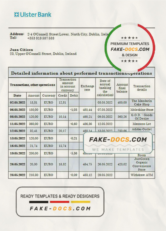Ireland Ulster proof of address bank statement in Word and PDF format Ireland Ulster proof of address bank statement in Word and PDF format