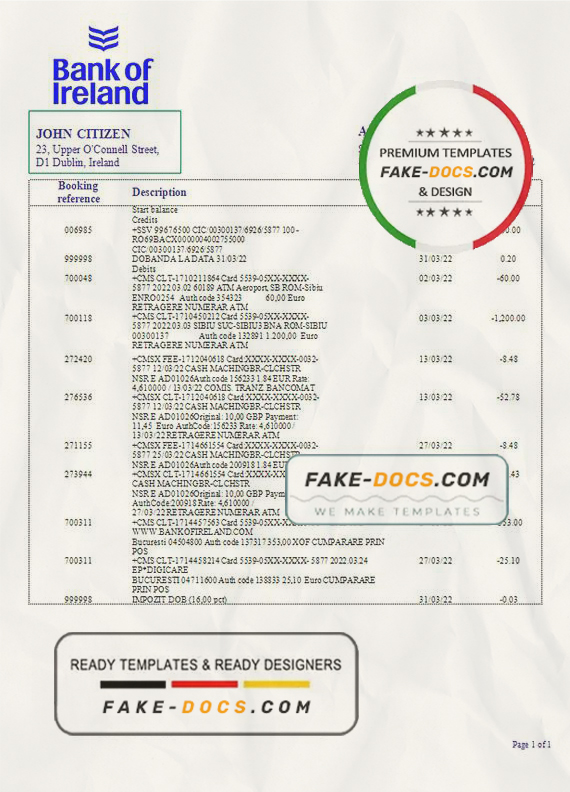 Ireland Bank of Ireland Bank statement template in Word and PDF format Ireland Bank of Ireland Bank statement template in Word and PDF format