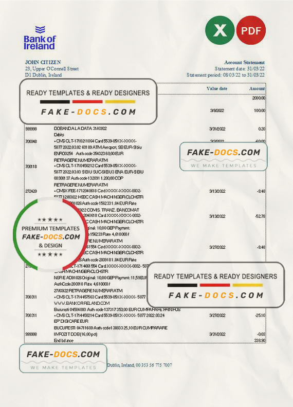 Ireland Bank of Ireland bank statement Excel and PDF template Ireland Bank of Ireland bank statement Excel and PDF template