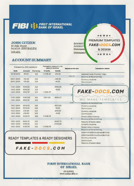 Israel First International Bank of Israel proof of address bank statement template in Word and PDF format Israel First International Bank of Israel proof of address bank statement template in Word and PDF format