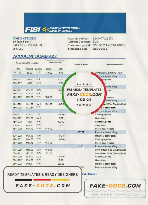 Israel First International Bank of Israel bank statement easy to fill template in Excel and PDF format Israel First International Bank of Israel bank statement easy to fill template in Excel and PDF format