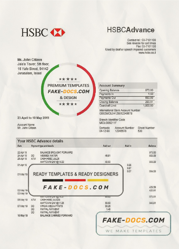 Israel HSBC proof of address bank statement template in Word and PDF format Israel HSBC proof of address bank statement template in Word and PDF format
