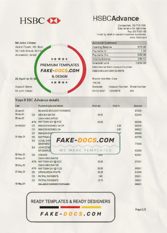 Israel HSBC bank statement easy to fill template in Excel and PDF format Israel HSBC bank statement easy to fill template in Excel and PDF format