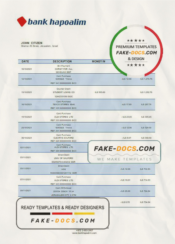 Israel Hapoalim proof of address bank statement template in Word and PDF format Israel Hapoalim proof of address bank statement template in Word and PDF format