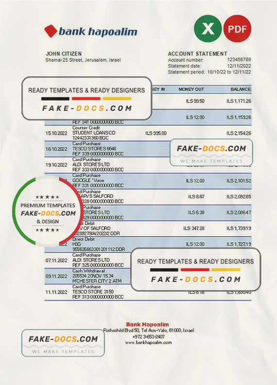 Israel Hapoalim bank statement Excel and PDF template Israel Hapoalim bank statement Excel and PDF template