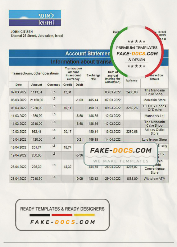 Israel Leumi proof of address bank statement template in Word and PDF format Israel Leumi proof of address bank statement template in Word and PDF format