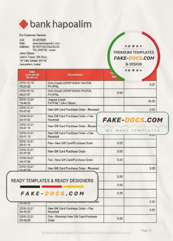 Israel Bank Hapoalim proof of address bank statement template in Word and PDF format Israel Bank Hapoalim proof of address bank statement template in Word and PDF format