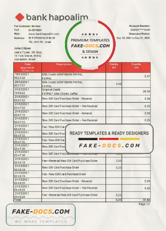 Israel Bank Hapoalim bank statement easy to fill template in .xls and .pdf file format Israel Bank Hapoalim bank statement easy to fill template in .xls and .pdf file format