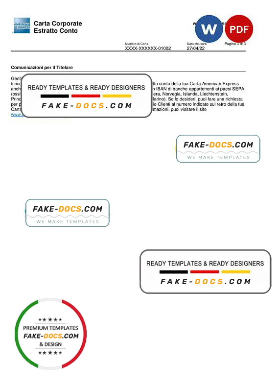Italy American Express Amex bank card statement Word and PDF template, 3 pages Italy American Express Amex bank card statement Word and PDF template, 3 pages