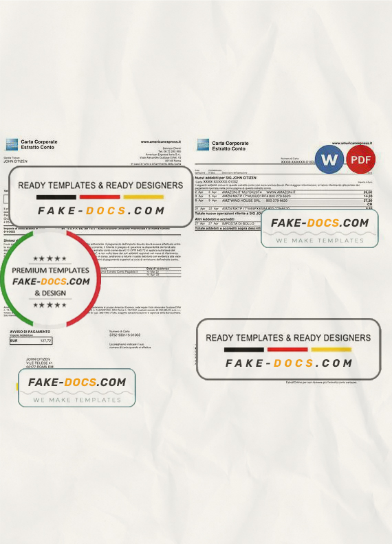 Italy American Express Amex bank card statement Word and PDF template, 3 pages Italy American Express Amex bank card statement Word and PDF template, 3 pages