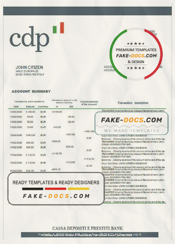 Italy Cassa Depositi e Prestiti bank statement template in Word and PDF format, fully editable Italy Cassa Depositi e Prestiti bank statement template in Word and PDF format, fully editable