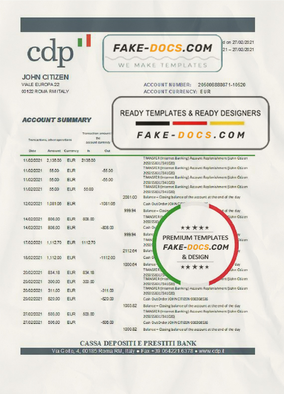Italy Cassa Depositi e Prestiti bank statement easy to fill template in .xls and .pdf file format Italy Cassa Depositi e Prestiti bank statement easy to fill template in .xls and .pdf file format