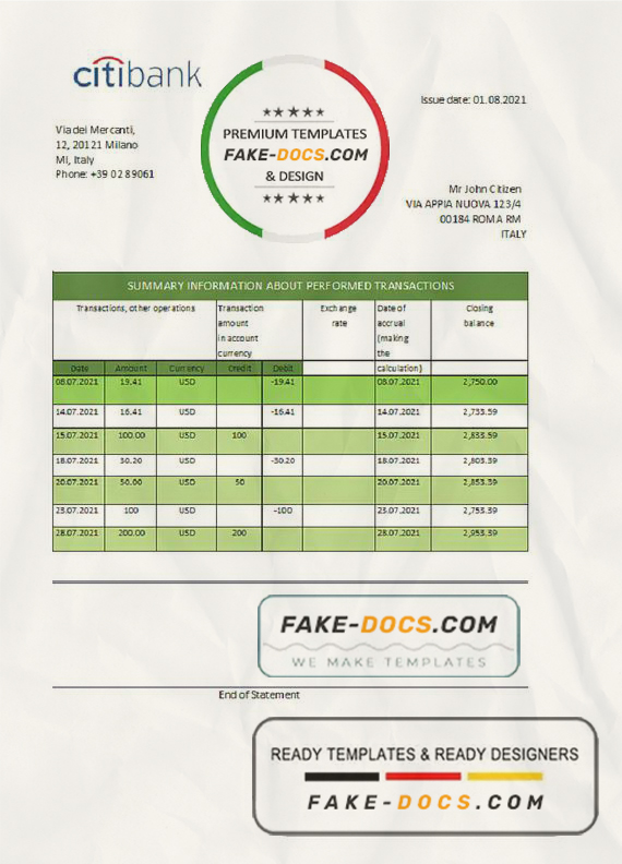 Italy Citibank bank statement easy to fill template in .xls and .pdf file format Italy Citibank bank statement easy to fill template in .xls and .pdf file format